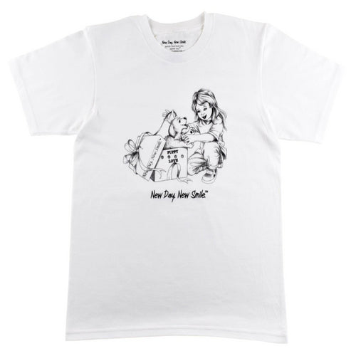 New Day New Smile Little Girl Surprise with a Puppy in a Gift Box T-Shirt available at NewDayNewSmile.com