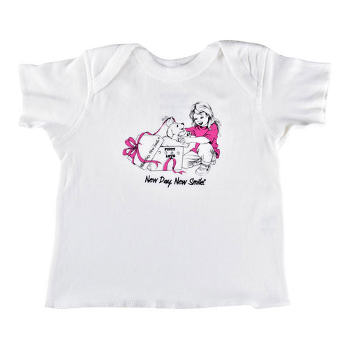 New Day New Smile baby's t-shirt with a puppy in a gift box surprises little girl for her birthday available at NewDayNewSmile.com