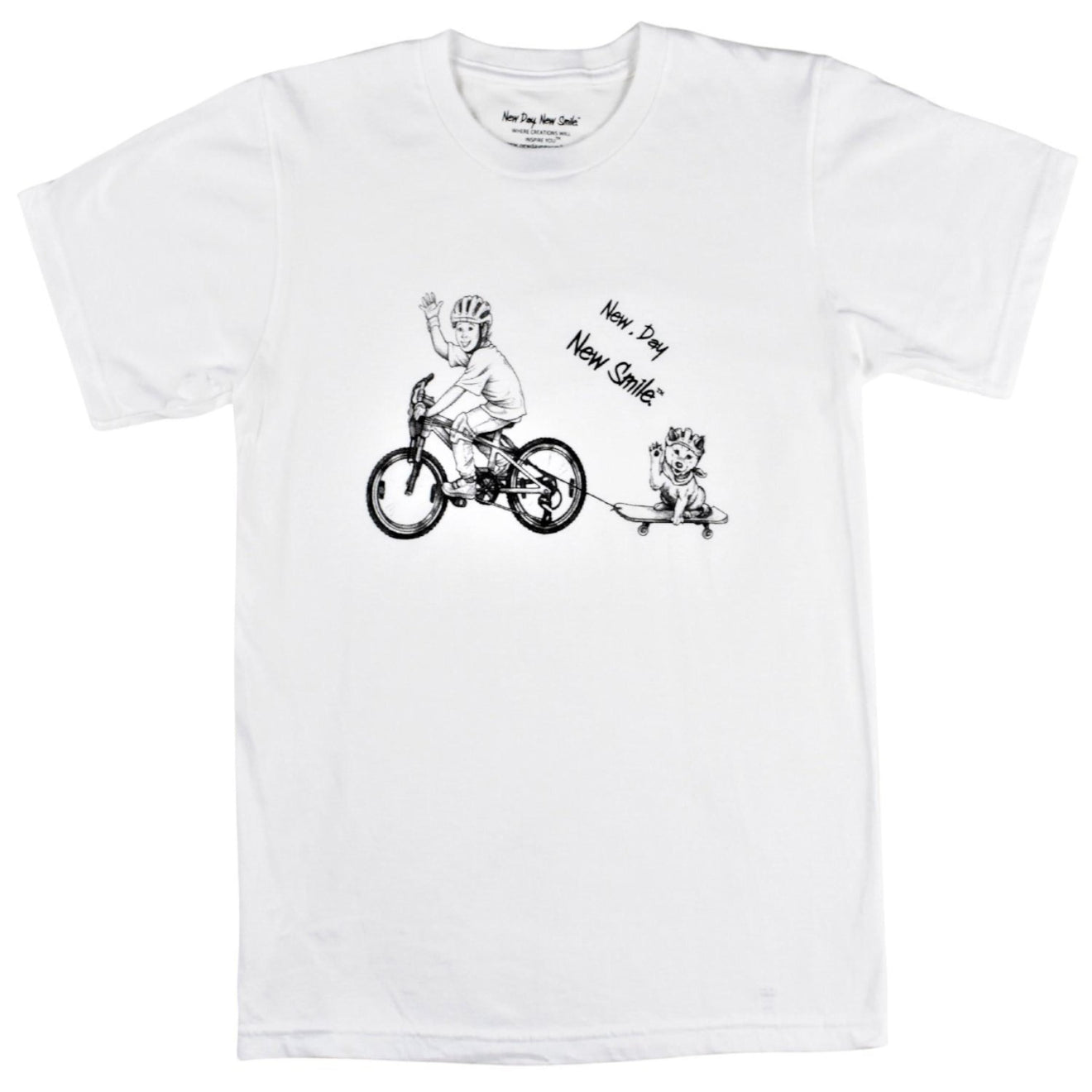 New Day New Smile Boy on bicycle pulling his dog on skateboard white t-shirt available at NewDayNewSmile.com