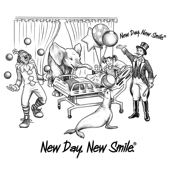 New Day New Smile Circus in Hospital Room with Little Girl Smiling T-Shirt available at NewDayNewSmile.com